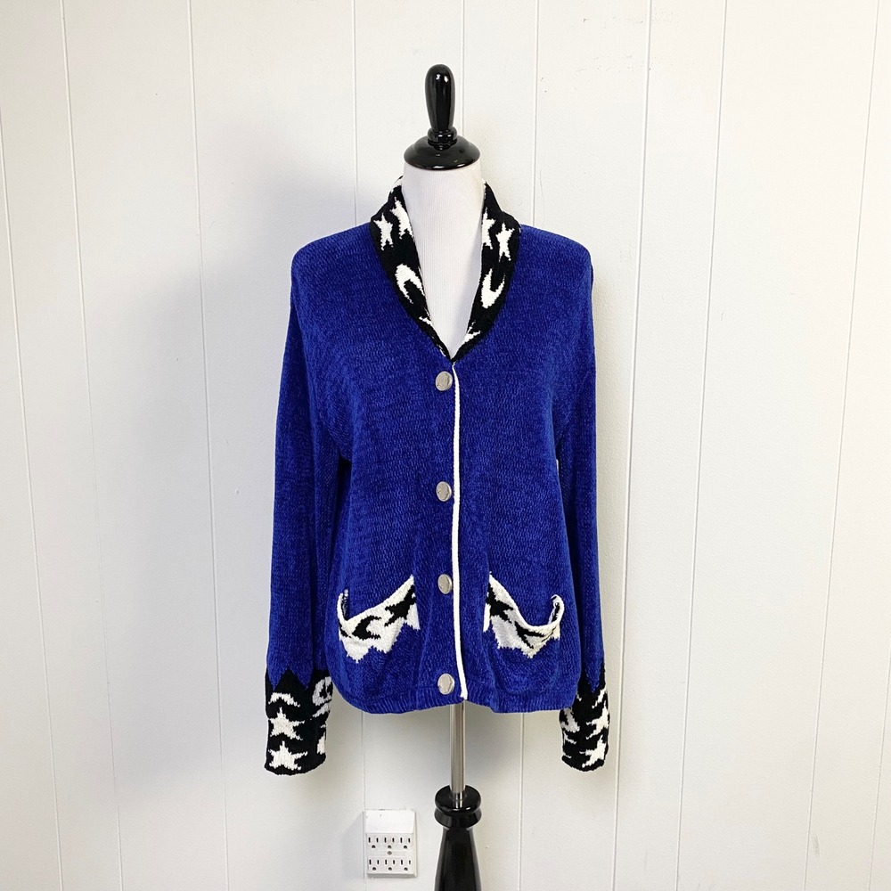 Co & Eddy Vintage Royal Blue Chenille Celestial Moon Star Cardigan Sweater L